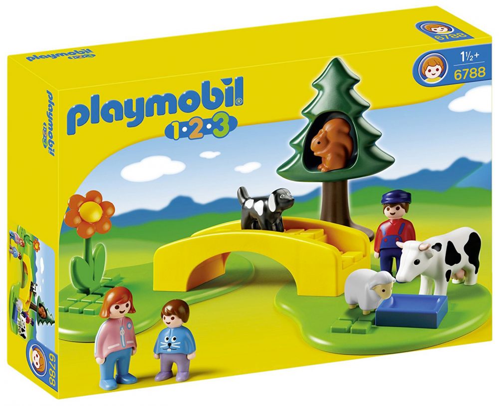 Playmobil 123 6788 pas cher, Famille avec animaux de la prairie