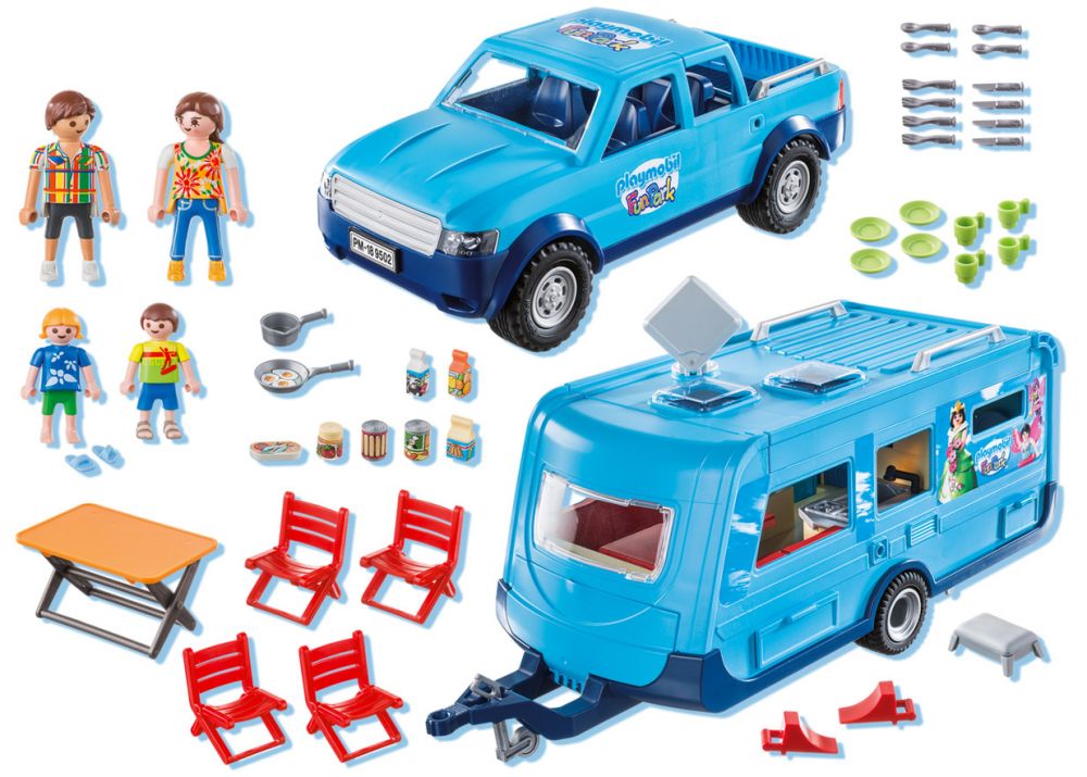 Playmobil Family Fun 9502 pas cher, Famille avec voiture et caravane